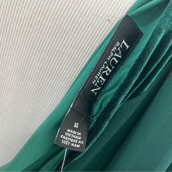 NEW Lauren Ralph Lauren Solid Green Chiffon Velvet One Shoulder Cocktail Dress - Picture 12 of 12